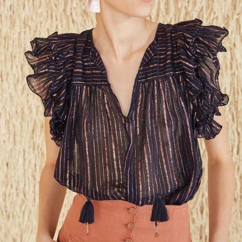 Striped Ruffle Sleeve Top - Black and Pink